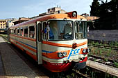 Circumetnea, the narrow gauge railway that runs around the large cone of Mount Etna. The 'littorina' at the station of Catania. 