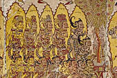 Klungkung - Bali. The Kerta Gosa palace, paintings of the upper levels. Group of gods surrounded by aura. 