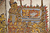 Klungkung - Bali. The Kerta Gosa palace, paintings of the upper levels. All the servants of King Pandu and Dewi Madri worship their souls (within a coffin), except Bhima which standing, does not want to worship.