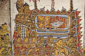 Klungkung - Bali. The Kerta Gosa palace, paintings of the upper levels. All the servants of King Pandu and Dewi Madri worship their souls (within a coffin), except Bhima which standing, does not want to worship. 