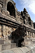 Borobudur - Water sprouts shaped like makaras are used on the lowest level, at the upper levels kala-like faces are used.