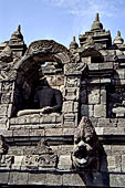 Borobudur - Water sprouts shaped like makaras are used on the lowest level, at the upper levels kala-like faces are used.