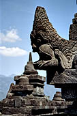 Borobudur - Water sprouts shaped like makaras are used on the lowest level, at the upper levels kala-like faces are used.