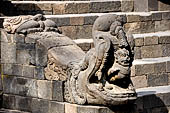 Borobudur - Makara head with a lion in its mouth flanking one of the stairways leading up to the monument.