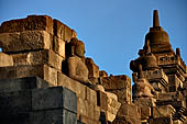 Borobudur - Buddha statues set in its own niche and pinnacles atop the balustrades of the lower four terraces. 