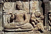 Borobudur reliefs - First Gallery, Northern side - Lalitavistara. Panel 101. Sakiamuni and Mucilinda. 