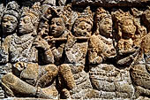 Borobudur reliefs - First Gallery, South-Eastern side - Lalitavistara. Panel 1. Sakiamuni in Tushita heaven. 