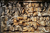 Borobudur reliefs - First Gallery, Western side - Panel 65. Detail of the grear departure scene. The prince is shown making his escape on his horse.