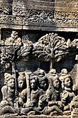 Borobudur reliefs - First Gallery, Northern side - Lalitavistara. Panel 76. Sakiamuni and 5 disciples meditate on Gayasira mountain.