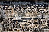 Borobudur reliefs - First Gallery, Northern side - Lalitavistara. Panel 78. Sakiamuni and the spirit of his mother and nymphs.