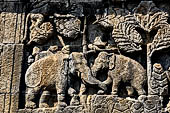 Borobudur reliefs - First Gallery, Northern side - Lalitavistara. Panel 83. God gives Sakiamuni a reddish robe. Detail of a group of animals. 