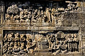 Borobudur reliefs - First Gallery, Northern side - Lalitavistara. Panel 85. Sakiamuni with golden bowl of Sujata 