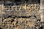 Borobudur reliefs - First Gallery, Northern side - Lalitavistara. Panel 91. Brahma and gods pay homage to Sakiamuni. 