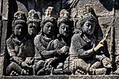 Borobudur reliefs - First Gallery, Northern side - Lalitavistara. Panel 93. Bodhisattvas visit meditating Sakiamuni. 