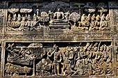 Borobudur reliefs - First Gallery, Northern side - Lalitavistara. Panel 99. Sakiamuni prityaharavyūha 