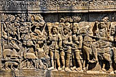 Borobudur reliefs - First Gallery, North-Eastern side - Panel 114. Unidentified episode where the king is hunting in a forest. 