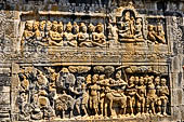 Borobudur reliefs - First Gallery, South-Eastern side - Panel 2 Lalitavistara. Sakiamuni informing gods of his rebirth. Manohara Avadāna. King of south Pancala goes hunting. 