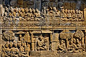 Borobudur reliefs - First Gallery, South-Eastern side - Panel 7. Lalitavistara. Sakyamuni asks gods which form he should choose when he decends. Lower half.  Manohara Avadāna. 