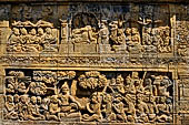 Borobudur reliefs - First Gallery, South-Eastern side - Panel 9.  Lalitavistara. Goddesses visit Maya in her pavillion. 