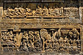 Borobudur reliefs - First Gallery, South-Eastern side - Panel 10. Lalitavistara. Gods discuss who should accompany Buddha on his descent 