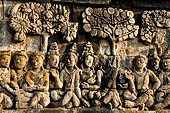 Borobudur reliefs - First Gallery, Northern side - Panel 79. Sakyamuni making the gesture of refusal to the deities offering magical strength.