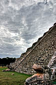 The Pyramid of Kukulcan, or the Castle (el Castillo), the most imposing structure at Chichen Itza. The balustrades of the northern staircase originate from two feathered serpent's heads, effigy of Kukulcan.