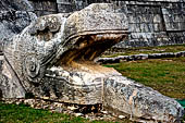 The Pyramid of Kukulcan, or the Castle (el Castillo), the most imposing structure at Chichen Itza. The balustrades of the northern staircase originate from two feathered serpent's heads, effigy of Kukulcan.