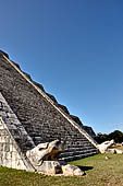 The Pyramid of Kukulcan, or the Castle (el Castillo), the most imposing structure at Chichen Itza. The balustrades of the northern staircase originate from two feathered serpent's heads, effigy of Kukulcan.