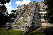 Chichen Itza - El Osario pyramid (the Ossuary). Stairway and balustrades of the pyramid formed with intertwining serpents.