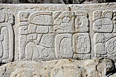 Palenque - The Palace. Patio of the Captives (Patio de los Cautivos), Text of Hieroglyphic on the Stairs of House C. Records K'inich Janaab Pakal birth and accession, and the sacrifice of a Calakmul vassal early in Palenque history. 