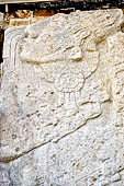 Palenque - The Palace. Patio of the Captives (Patio de los Cautivos), detail of the figure at the right side of the stairway of House A.