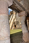 Uxmal - The Quadrangle of the Birds (Cuadrangulo de los Pajaros), the South building colonnaded gallery with wooden lintels and cross beams. 