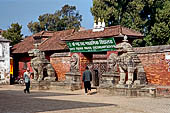 Bhaktapur - Durbar Square - Big lion statue guard a gate entrance (now of a school) together with the stone images of Bhairab and Ugrachandi.  