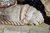 Bhaktapur - Durbar Square - detail of the lion statue of the art gallery entrance. 