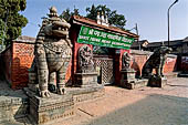 Bhaktapur - Durbar Square - Big lion statue guard a gate entrance (now of a school) together with the stone images of Bhairab and Ugrachandi.  