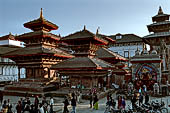 Kathmandu - Durbar Square. Kala Bhairab relief, Indrapur temple and the three roofed Vishnu temple. On the background Dejutaleju.