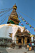 Swayambhunath - The white dome of the stupa with the famous eyes of Wisdom and Compassion of God and the golden pinnacle with thirteen rings.