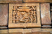 Orissa - Bhubaneswar, Brahmesvara temple. Image of the jagamohana showing a devadasi, dancing girl, accompanied by musicians and holding a pidha roof.