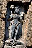 Hirapur - the Sixtyfour Yoginis Temple, Yogini n 46 (clockwise) Kali, two armed figure mounting on a male body. She hold a trident. The male figure with a mukuta and the third eye is identified with Siva.