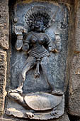 Hirapur - the Sixtyfour Yoginis Temple, Yogini n 4 (clockwise), four armed Yamuna standing on a tortoise. Her curled hair raise over the head. She has a skull cup in her right hand.