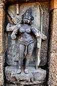 Hirapur - the Sixtyfour Yoginis Temple, Yogini n 63 (in a niche of the mandap), four armed figure mounting on a horse and holding a bow and arrow.