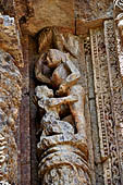 Konarak - Orissa. The Sun Temple, detail of the richly decorated high platform of the jagamohana-deul complex. 