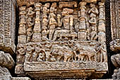 Konarak - Orissa. The Sun Temple, detail of the richly decorated high platform of the jagamohana-deul complex. 