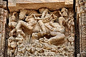 Konarak - Orissa. The Sun Temple, detail of the richly decorated high platform of the jagamohana-deul complex. 