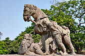 Orissa - Konarak - The Sun Temple. The war horses statues guarding the north staircase leading to the jagamohan.