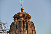 Orissa - Bhubaneswar, Lingaraj Temple. The deul topped by the amla (the typical Orissan flattened ribbed sphere) supported by deulacharinis or seated divinities. 