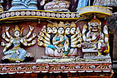 Orissa - Puri, colourful sculptures of Saptamatrikas and of the Dasamahavidya, the ten forms of the goddess,  on the facade of a temple found along the road leading to the beach. 