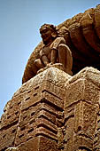 Orissa - Bhubaneswar. Rajarani temple, 'deul charinis' figures supporting the amalaka in the four cardinal directions. Particular form of lioness the charinis are related to the demi-gods floating through the air.