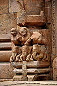 Orissa - Bhubaneswar. Rajarani temple, lions at the base of the pillars of the gates of the jagamohana.