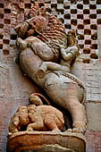 Orissa - Bhubaneswar. Rajarani tTemple, frieze of a 'virala' dragon represented rampant over an elephant with a knight raiding the monster. 